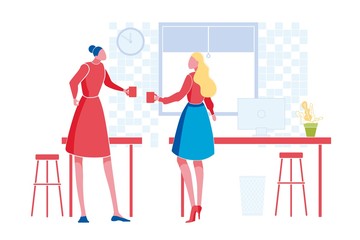 Women of Elder and Young Female Holding in Hand and Clink Cup of Tea or Coffee. Chair, Table and Furniture on Dinner Room Background. Leisure, Breakfast. Modern Flat Vector Illustration