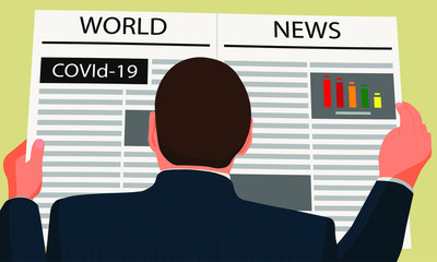 The world problem is coronavirus (covid-19). A man reads the newspaper world news. Transmitting information through a newspaper Vector illustration.