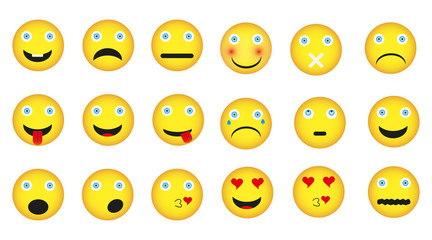 Set of yellow round emoticons, smile, laugh, joyful, sad, angry and crying. Vector illustration on a white background. Smiling card or banner concept