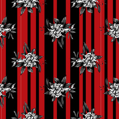 Seamless pattern of flowers on a red and black striped background. Botanical pattern for Wallpaper design, packaging, postcards
