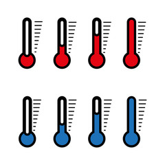 Blue and red thermometer icon with different levels, flat style