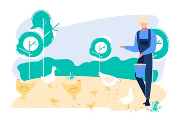 Young Man in Working Robe Feeding Poultry Chicken and Ducks. Farmer or Villager Character at Work. Worker Care of Birds on Farm at Summertime, Agriculture, Farming. Cartoon Flat Vector Illustration