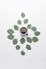 Green leaves with cup of coffee on white background