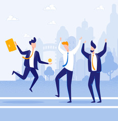 Young Ambitious Businessman, Sharing Joys His Financial Success with Partners. Fellow Workers, Being Frankly Happy for Their Mate. Big City with Skyscrapers and High Office Buildings in Background.