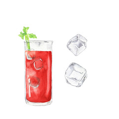 Glass with tomato juice or bloody mary cocktail and ice isolated on white background. Hand drawn watercolor illustration.