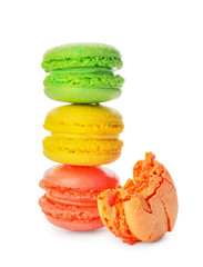 Tasty macarons on white background