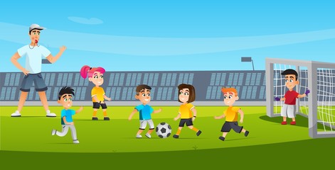 Cartoon Kid Play Football Game Vector Illustration. Mixed Team Boy Kick Girl Run. Man Referee Blowing Whistle. Soccer Match on Green Grass Field Stadium. Sport Training Children Competition