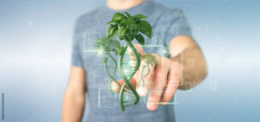 Wall mural businessman holding a dna growing as a plant - 3d rendering