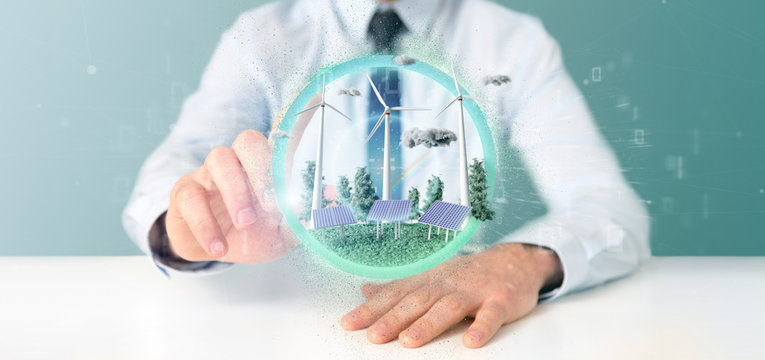 Businessman holding a Windturbines and solar panel producting clean energy - 3d rendering