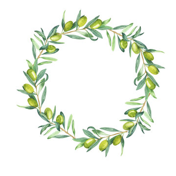 Green olive leaves and berries frame isolated on white background. Hand drawn watercolor illustration.