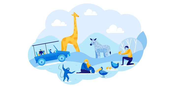 Cartoon People Tourist Driving SUV. Preschooler or School Kids Character Interacting with Domesticated or Exotic Animals and Birds African Safari Car Tour and Petting Open Air Zoo. Vector Illustration