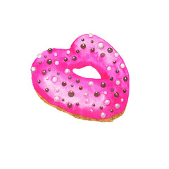Cute pink berry donut with sugar and chocolate sprinkles isolated on white background. Hand drawn watercolor illustration.