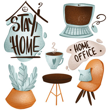 The inscription of the word home office, stay home, chair, table, laptop set cute texture digital art. Print for stickers, banners, posters, fabrics, web, posts, textiles, wrapping paper, scrapbooking