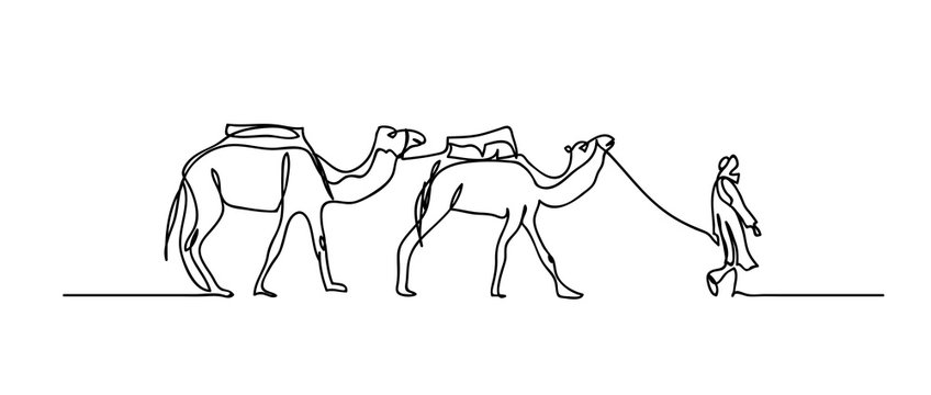 Camel caravan, camelcade. Simple, minimalist white vector sketch, doodle, web background. One continuous line drawing.