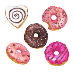Set of pink, white and chocolate donuts isolated on white background. Hand drawn watercolor illustration.