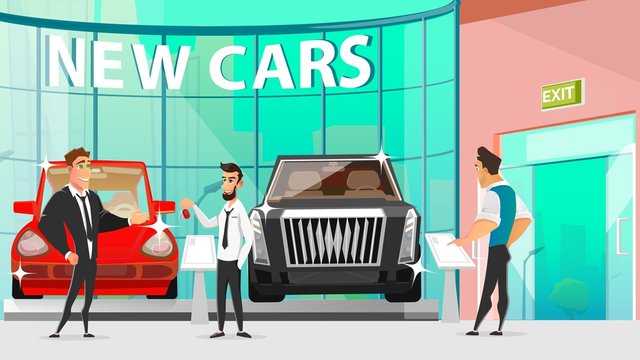 Car Dealer Rivalry during Automotive Showroom Sale. Seller Making Successful Deal with Client. Auto Dealership Service. Man Buying New Luxury Red Vehicle. Vector Flat Cartoon Illustration