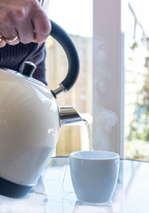 Electric kettle with boiling water for the herbal tea, male hand that pours water into the tea cup. Selective focused on kettle and poured te
