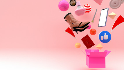 Smartphone surrounded by Shopping cart, shopping basket, shopping bag, clothes,shoes,cosmetic,cart ,store, and wallet on colour background. colorful balls on a pink background.-3d rendering.
