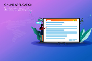 Online application concept, young woman is applying in the internet by using laptop to find a course to apply in the university and or job application after graduation in pastel color background.