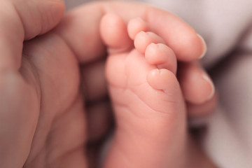 Obraz na płótnie Canvas newborn baby foot in mother hands