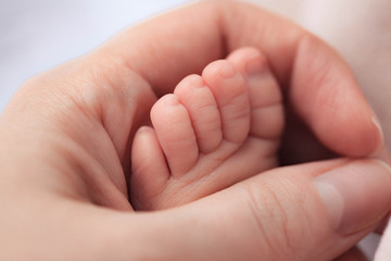 Obraz na płótnie Canvas newborn baby feet in mother hand