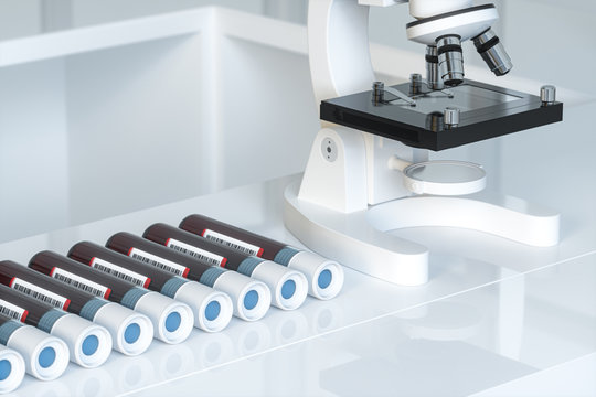 Blood test tubes with laboratory, 3d rendering.