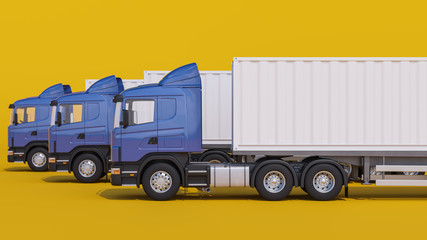 Side View of Three Lined Up Container Trucks in Blue and White Colors on Yellow Background 3D Rendering