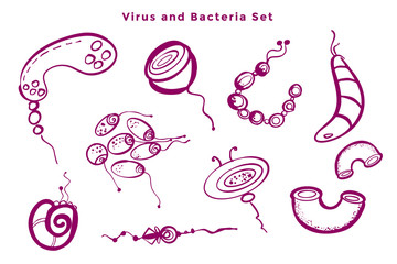 collection of hand drawn virus and bacteria germs