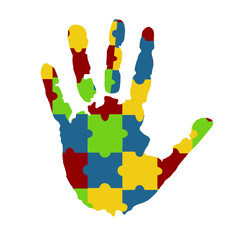 Child's hand. Handprint. Colored puzzles. Red. Blue. Green. Yellow. April 2 is World Autism Day. Simple vector illustration.