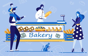 Man with Son on Shoulders and Woman Coming to Bakery Flat Cartoon Vector Illustration. Father with Boy Ordering Bread. Woman Going to Counter. Seller Standing behind Showcase with Pretzel, Croissants.