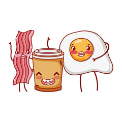 breakfast cute bacon fried egg and plastic coffee cup cartoon