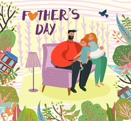 Happy Smiling Family Sitting Together at Home on Sofa in Cozy Interior. Holiday Cute Picture of Father, Mother, Daughter, Newborn Baby Character. Vector Illustration Design for Greeting Card.