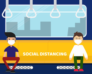 Social Distancing with COVID-19 crisis concept: There two men who in the subway. Cartoon vector style for your design.