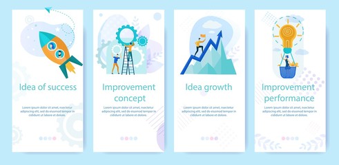 Set Advertising Poster Written Idea of Success. Banner Inscription Improvement Concept, Growth Idea, Improvement of Performance. Company Improvement Plan Cartoon. Vector Illustration.