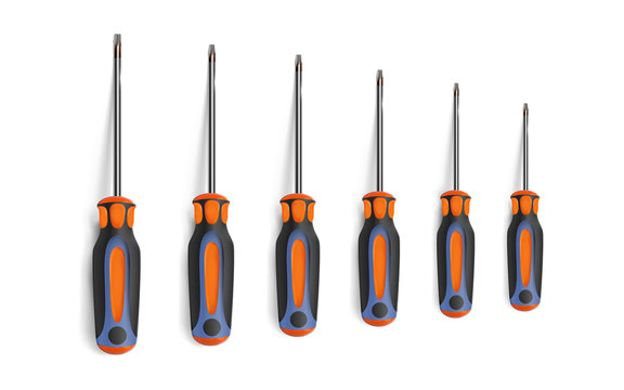 Set torx screwdrivers isolated on white background. Chrome objects top view. Vector illustration.