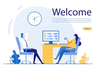 Advertising Poster Inscription Welkome, Office. Man Leaned Back in his Chair, Woman Sits at Table and Drinks Coffee. For Effective Management, Employees Record what you do During Course Work Day.