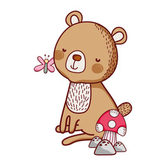 cute animals, little bear butterfly and mushroom cartoon
