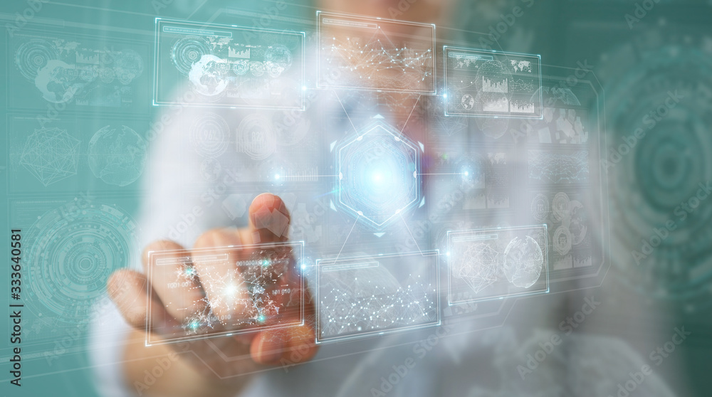 Fototapete woman using digital technological interface with datas 3d rendering