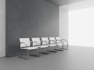 Modern clean waiting room with white chairs 3D render