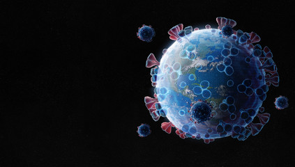 Obraz premium Planet Earth shaped as the Coronavirus in blue wireframe style. Covid-19 pandemic spreading in USA between countries and infecting population. 2019-ncov infecting the world and America