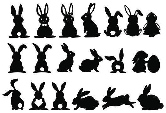 Set of silhouettes of rabbits. Collection of rabbits in various poses. Easter bunny. Vector illustration on a white background.