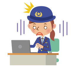 ノートパソコンの前でショックを受ける女性警察官