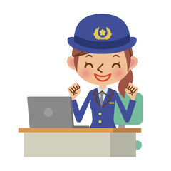 ノートパソコンの前で喜ぶ女性警察官