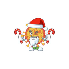 Friendly epidemic COVID19 in Santa Cartoon character with candies