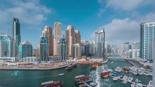 Dubai Marina Timelapse with moving yachts and beautiful clouds