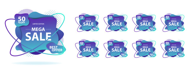 Sale tags set vector badges template, 10 off, 15 , 20, 30, 40, 50, 60, 70, 80, 90 percent sale label symbols, discount promotion flat icon. vector illustration icons