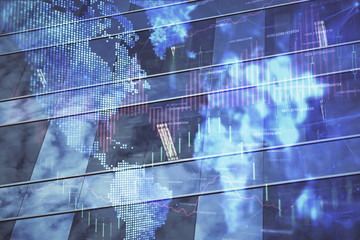 Forex chart on cityscape with tall buildings background multi exposure. Financial research concept.