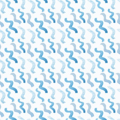 Seamless watercolor painted pattern with blue waves on a white background.