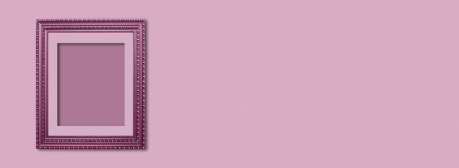 Purple wooden frame on  monochrome background. Simple mockup for design.