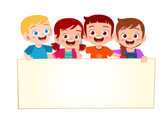 happy cute little kid boy and girl with blank banner